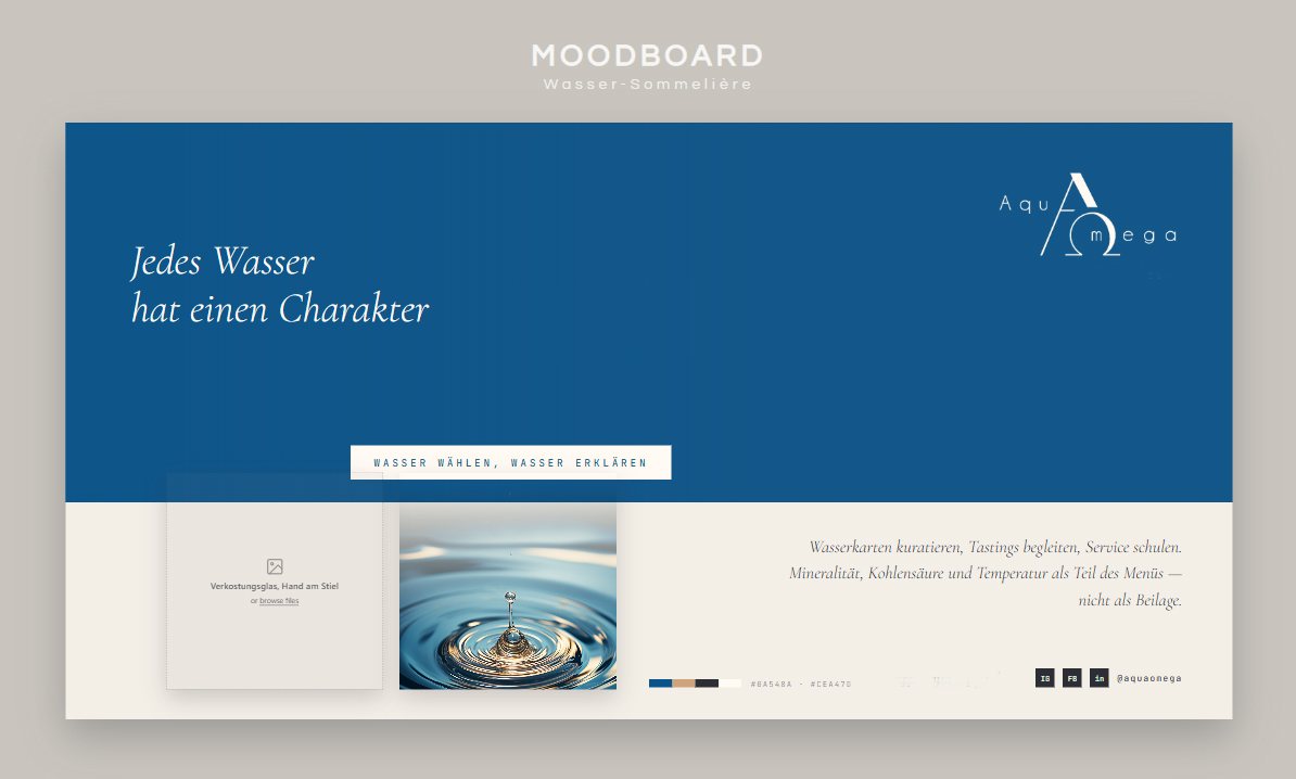 Brand-Moodboard Aqua et Omega – Wasser-Sommelière, gestaltet von ziiiegler DESIGN