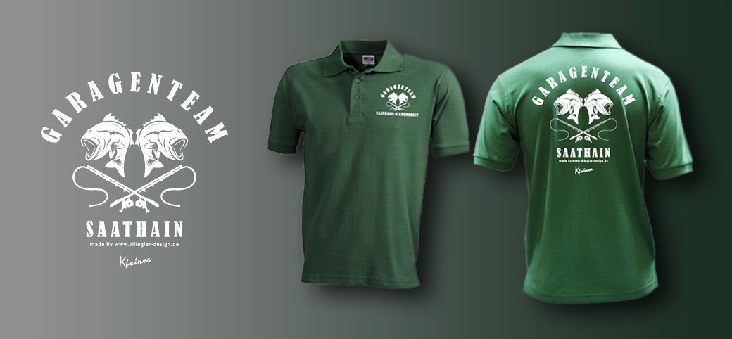 Polo-Shirt mit Garagenteam-Saathain-Logo, Vorder- und Rückansicht