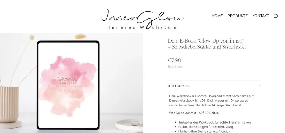 Produktseite des InnerGlow-Webshops mit dem E-Book "Glow Up von innen"