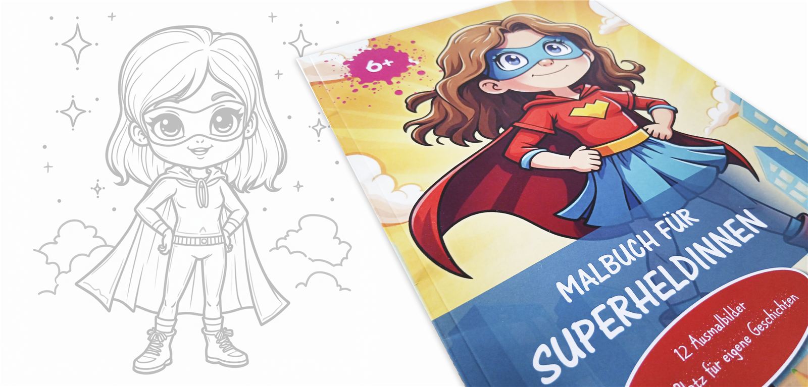Illustration einer Superheldin, Ausmalbild und Cover-Detail