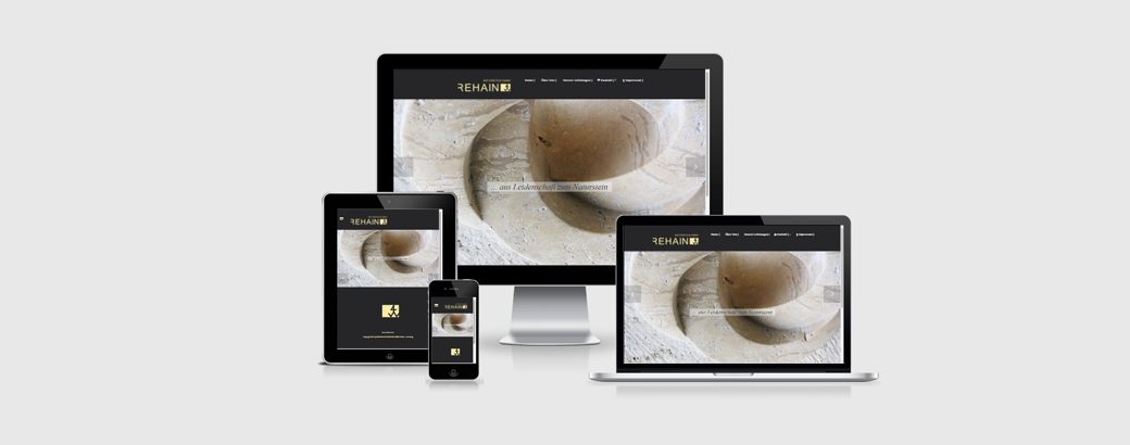 Responsive Webdesign für Rehain Naturstein GmbH, dargestellt auf Desktop, Tablet und Smartphone